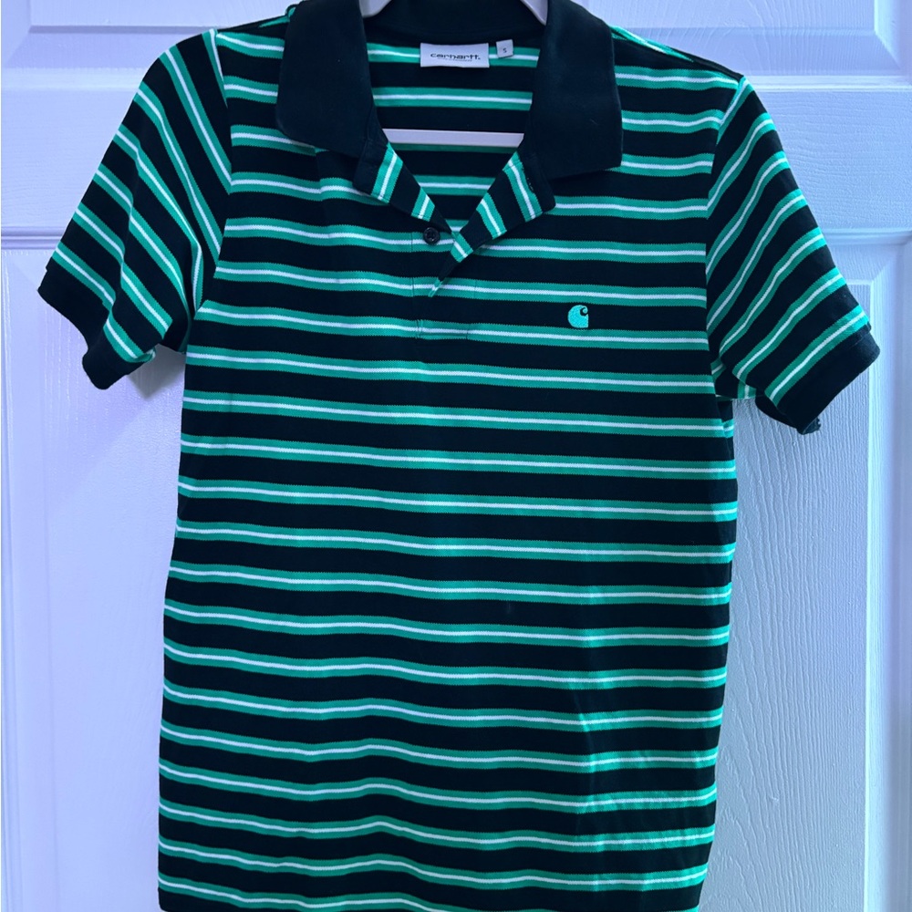 Carhartt Polo‎ Shirt Green Black Striped Short Sleeve Mens Size Small